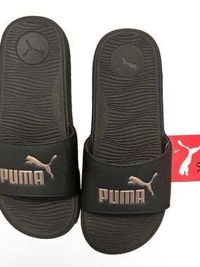 NWT Puma Black Slides with Metallic Rose Logo